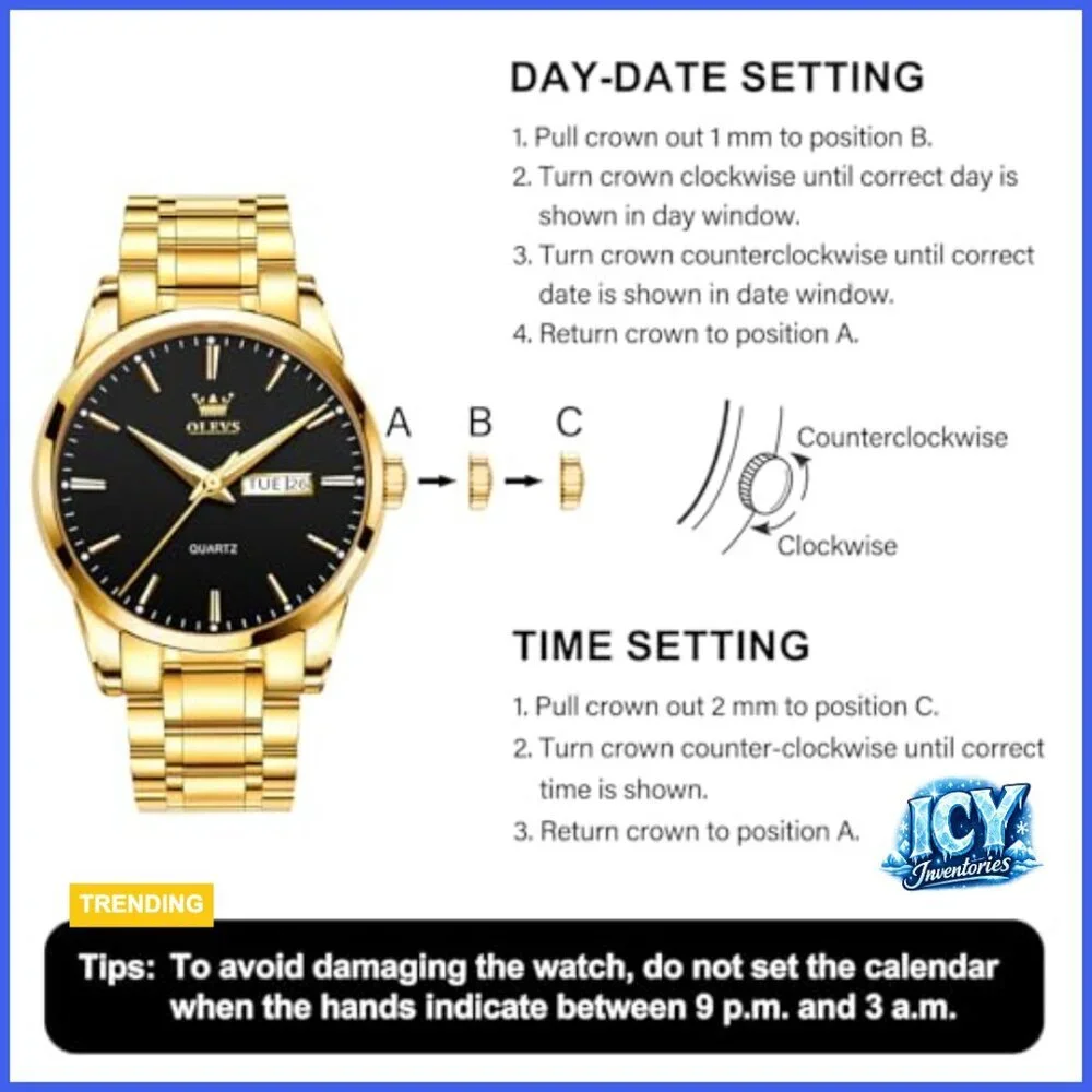 Stainless Steel Analog Quartz Watch with Luminous Hands Day Date Display